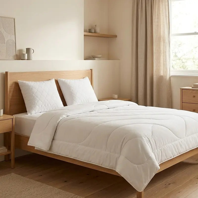 Gemachtes Gästebett mit zwei Kopfkissen und weißer Steppdecke