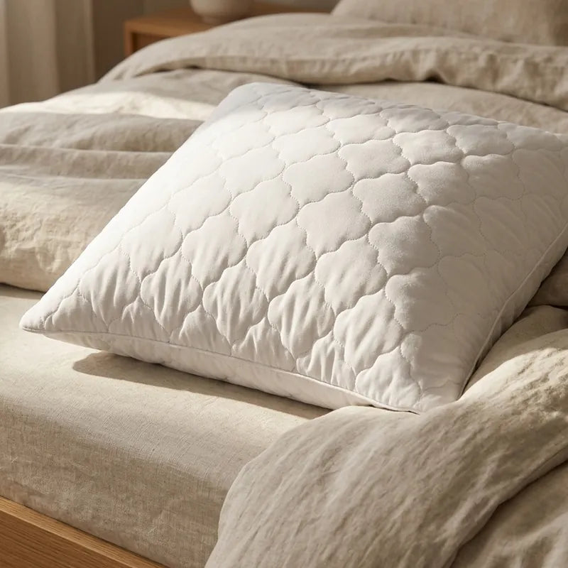 Gestepptes Kopfkissen auf einem Bett mit heller Leinenbettwäsche
