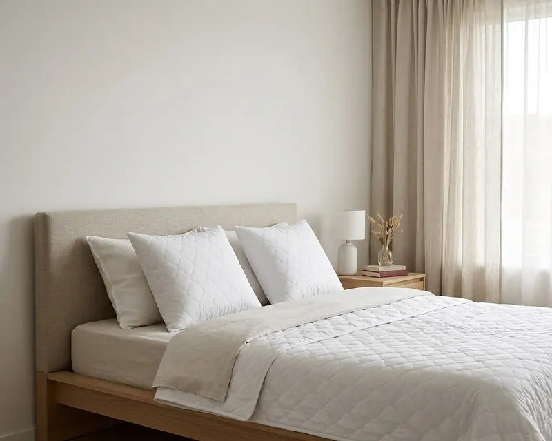 Ruhiges Schlafzimmer am Morgen, Bett mit gesteppten Kissen und Leinenvorhang