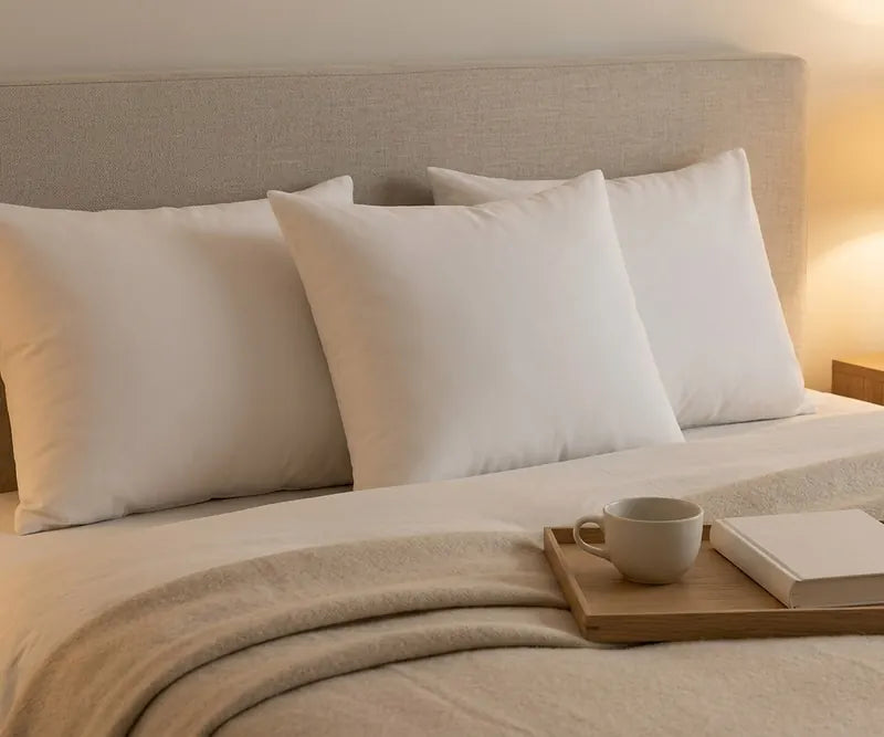 Leseecke im Bett am Abend mit glatten weißen Kissen und Tee