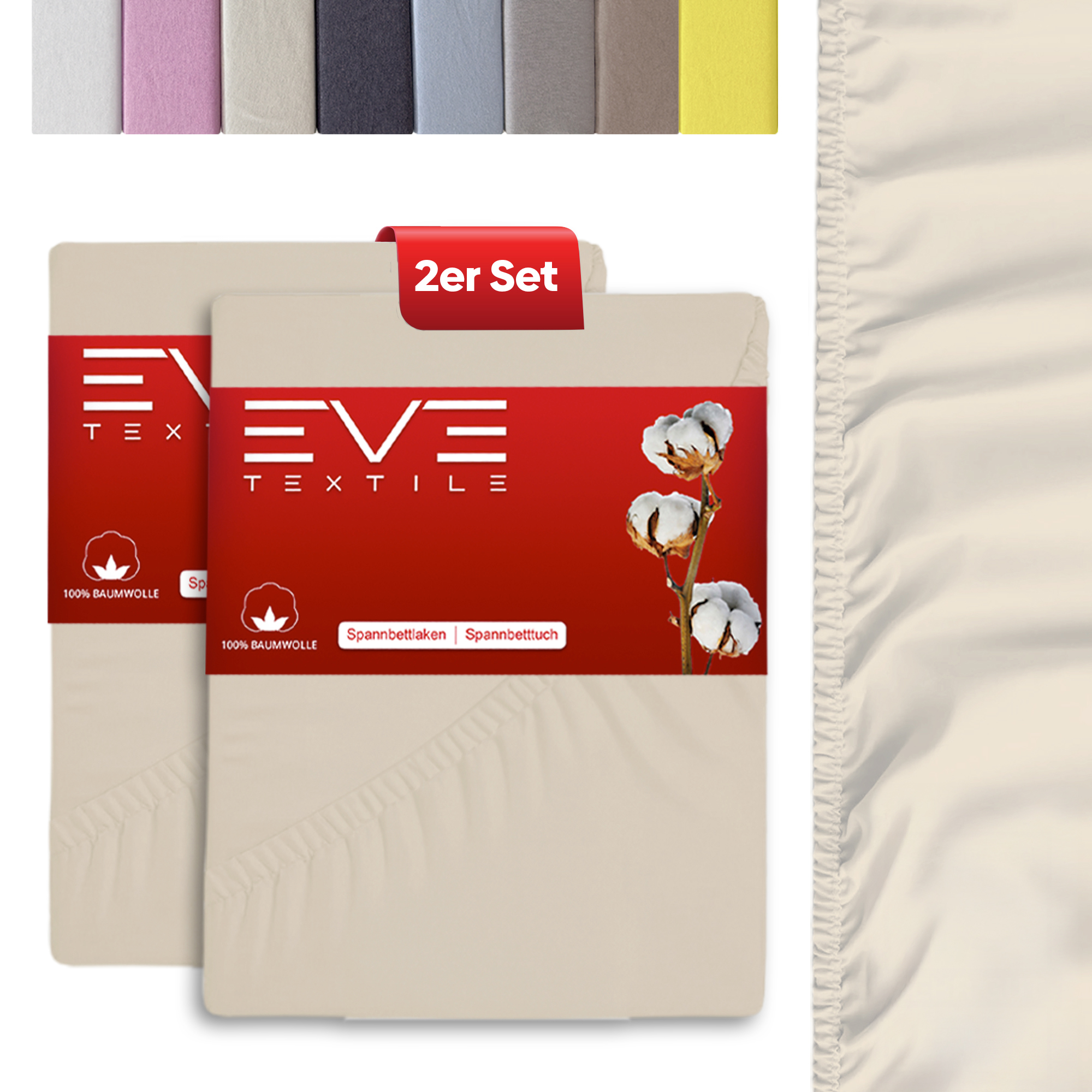 Eve Textile® Spannbettlaken 100x200 cm 2er Set Creme Jersey