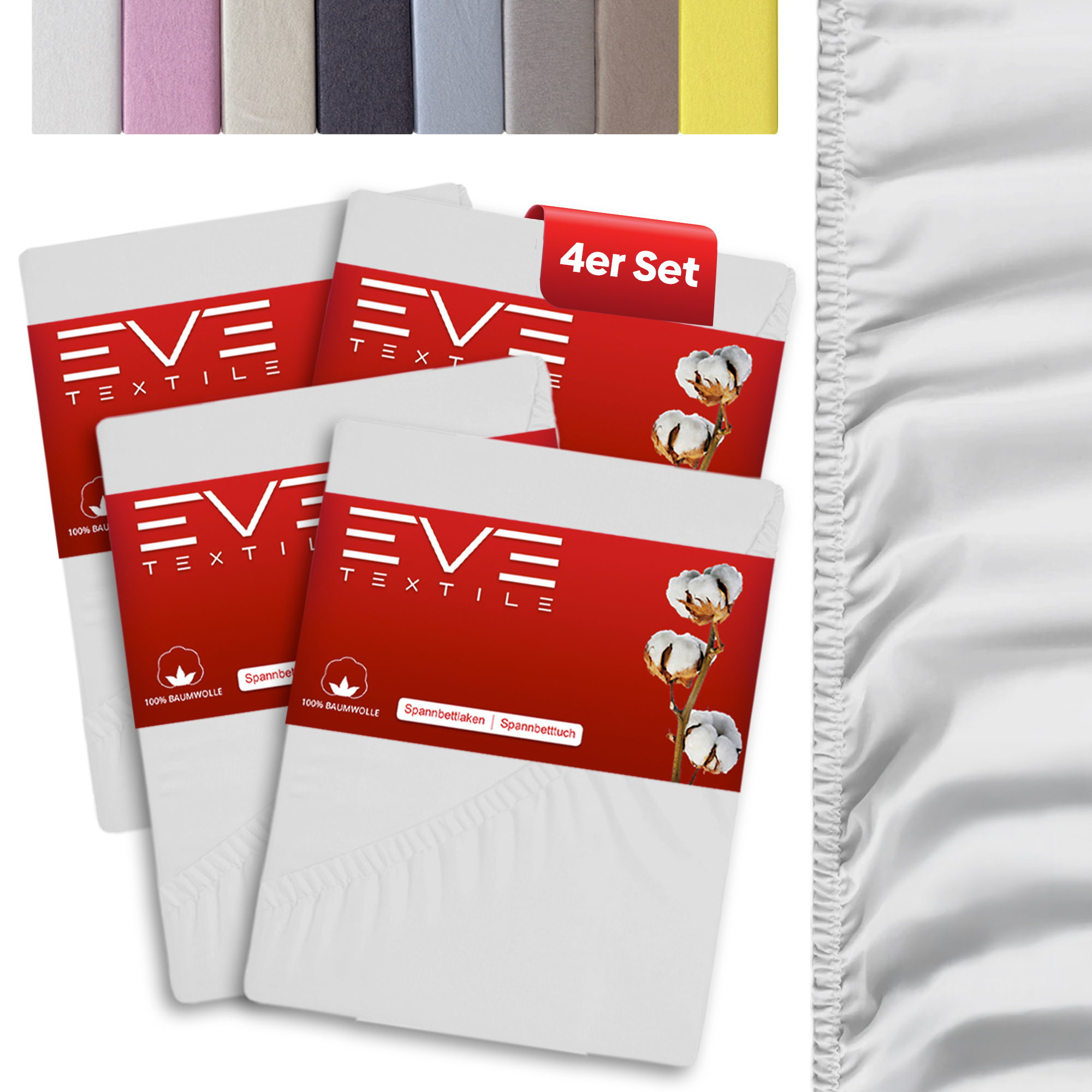 Eve Textile® Spannbettlaken 100x200 cm 4er Set Weiß Jersey